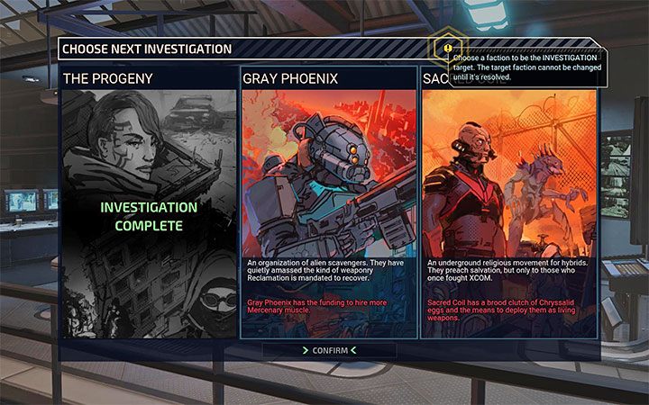 Po zakończeniu śledztwa należy wybrać kolejną niezbadaną frakcję i rozpocząć nowe śledztwo od zera z zamiarem jej zinfiltrowania i zneutralizowania - XCOM Chimera Squad: Wrogie frakcje - śledztwo, neutralizacja - XCOM Chimera Squad - poradnik do gry