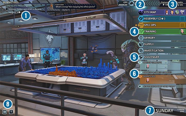 Powyższy obrazek prezentuje przykładowy główny ekran centrum dowodzenia - XCOM Chimera Squad: Interfejs użytkownika - Miasto 31, misje - XCOM Chimera Squad - poradnik do gry