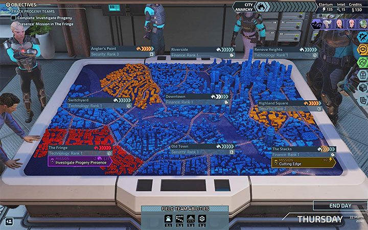 O ryzyku zwiększenia się poziomu niepokoju informują pulsujące strzałki na ekranie mapy miasta - XCOM Chimera Squad: Poziom anarchii - jak obniżać? - XCOM Chimera Squad - poradnik do gry