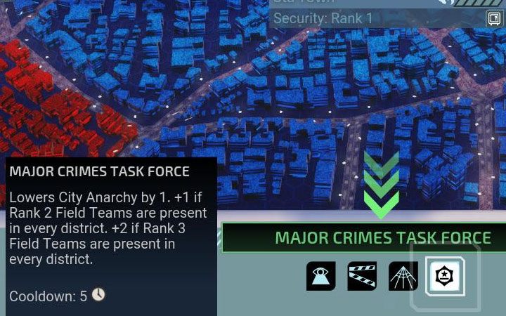 Jednym z najlepszych sposobów na zwalczanie anarchii w mieście jest skorzystanie z jednej z umiejętności drużyn polowych (Field Team Abilities) - Major Crimes Task Force - XCOM Chimera Squad: Poziom anarchii - jak obniżać? - XCOM Chimera Squad - poradnik do gry