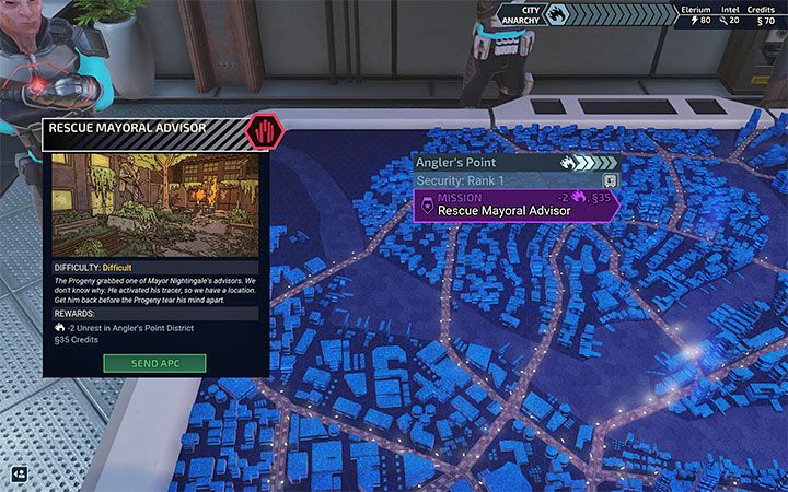 W zdecydowanej większości sytuacji na mapie Miasta 31 znajduje się kilka możliwych misji do wykonania i oznacza to, że musisz dokonać między nimi wyboru - XCOM Chimera Squad: Ekran miasta - porady - XCOM Chimera Squad - poradnik do gry
