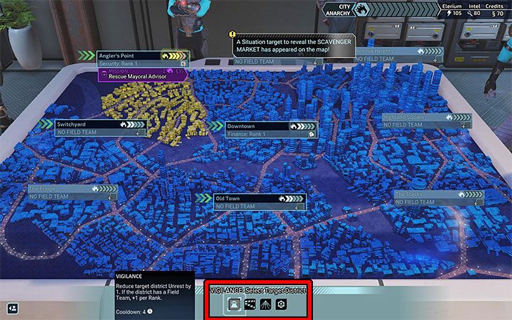 Każda dzielnica Miasta 31 ma swój własny pasek niepokoju, który ma 5 punktów - XCOM Chimera Squad: Ekran miasta - porady - XCOM Chimera Squad - poradnik do gry