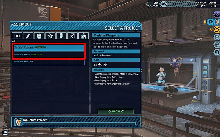 Na liście projektów badawczych w zakładce Assembly wyszukuj w pierwszej kolejności te, które mają zielony podpis Priority - XCOM Chimera Squad: Ekran miasta - porady - XCOM Chimera Squad - poradnik do gry