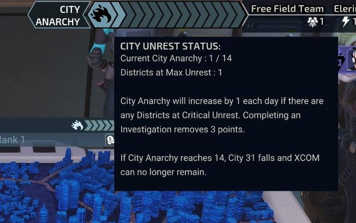 1) City Anarchy - To bardzo ważny pasek u góry ekranu, który informuje o stanie miasta - XCOM Chimera Squad: Centrum dowodzenia - Miasto 31 - XCOM Chimera Squad - poradnik do gry