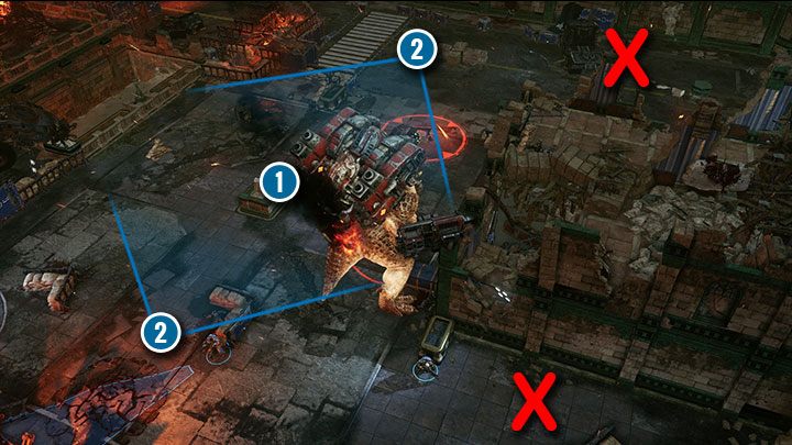 Staraj się trzymać Brumaka w centrum mapy (1), a swoich żołnierzy po przeciwnych stronach (2) - Gears Tactics: Brumak, boss - jak walczyć, jak pokonać? - Gears Tactics - poradnik do gry