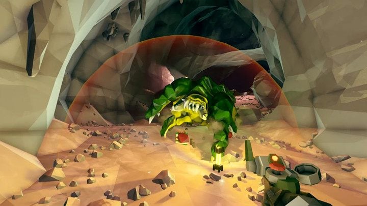 Satchel Charge może zostać zdalnie zdetonowany co oznacza, że po umieszczeniu ładunku w odpowiednim miejscu w rękach postaci pojawia się przełącznik z czerwonym przyciskiem, który służy za detonator - Deep Rock Galactic: Drillera - wyposażenie specjalne - Deep Rock Galactic - poradnik do gry