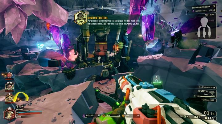 Po aktywacji przycisku, głowica z Liquid Morkite wróci na stację kosmiczną, a po dłuższej chwili na obszarze jaskini pojawi się kapsuła ewakuacyjna - Deep Rock Galactic: On-Site Refining - zakończenie misji, ewakuacja - Deep Rock Galactic - poradnik do gry