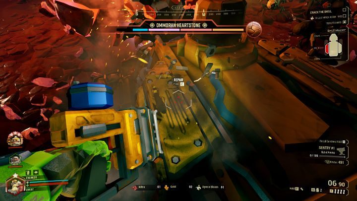 W trakcie całej fazy wiercenia musicie także zwracać uwagę na poziom uszkodzenia Drilldozera i w razie konieczności naprawiać szkody wyrządzone przez Obcych - Deep Rock Galactic: Escort Duty - główny cel misji - Deep Rock Galactic - poradnik do gry