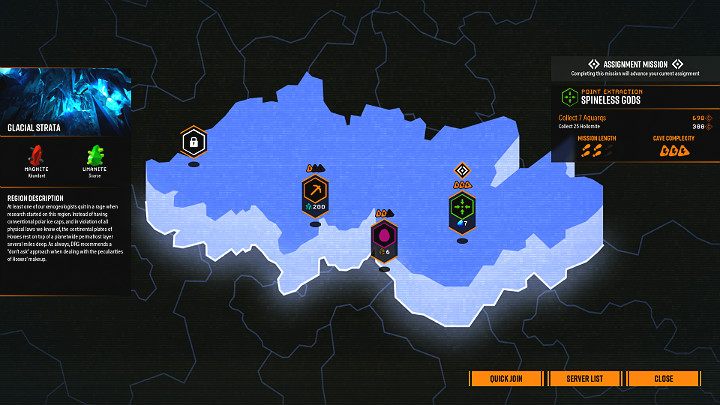 Misje oznaczone symbolem kłódki są tymczasowo niedostępne i muszą zostać odblokowane poprzez wykonywanie kolejnych zadań - Deep Rock Galactic: Rodzaje misji, zadań - Deep Rock Galactic - poradnik do gry