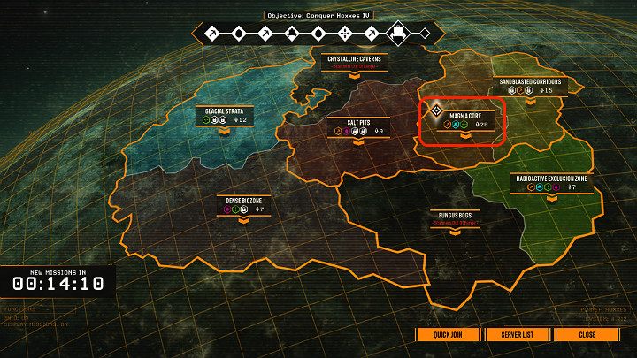 Assignemnt Missions są dobrze widoczne na głównej mapie planetarnej i oznaczono je małym białym diamentem, który został zaznaczony na powyższym obrazku - Deep Rock Galactic: Assignment Missions - samouczek, tutorial - Deep Rock Galactic - poradnik do gry