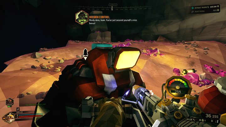W celu zakończenia misji w grze Deep Rock Galactic należy wcisnąć czerwony przycisk na robocie M - Deep Rock Galactic: Mining Expeditions - zakończenie misji, ewakuacja - Deep Rock Galactic - poradnik do gry