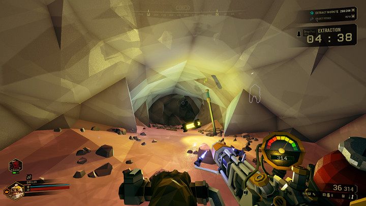 W misjach wydobywczych pojazd ewakuacyjny ląduje zazwyczaj w bardzo dużej odległości od Gracza i dystans ten waha się w graniach od 100 do nawet 200 metrów - Deep Rock Galactic: Mining Expeditions - zakończenie misji, ewakuacja - Deep Rock Galactic - poradnik do gry