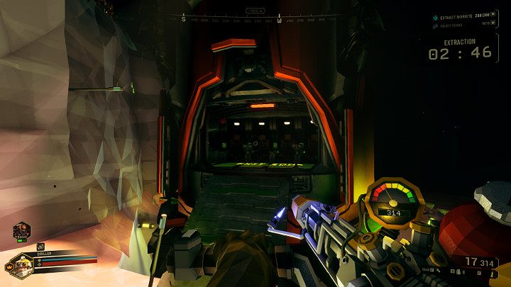 Po dotarciu do pojazdu ewakuacyjnego wystarczy do niego wejść, aby zakończyć misję - Deep Rock Galactic: Mining Expeditions - zakończenie misji, ewakuacja - Deep Rock Galactic - poradnik do gry