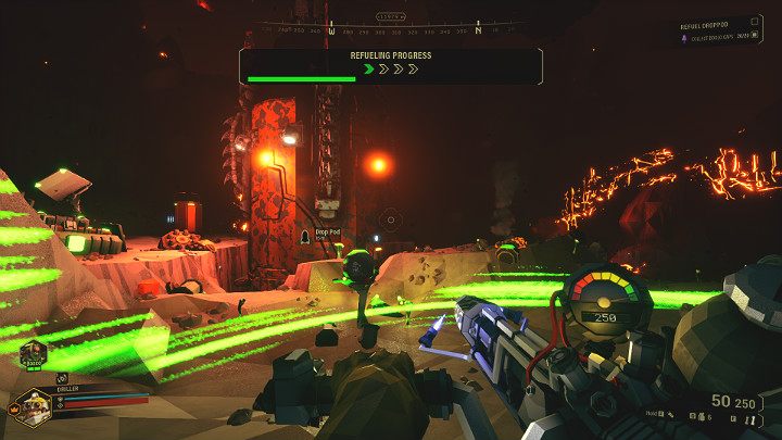 Po pomyślnym rozłożeniu złącza paliwowego zacznie się etap tankowania paliwa do pojazdu ewakuacyjnego - Deep Rock Galactic: Salvage Operation - zakończenie misji, ewakuacja - Deep Rock Galactic - poradnik do gry