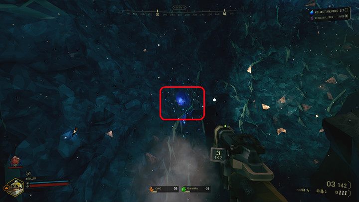Kryształy Aquarq są poukrywane wewnątrz lodowych ścian i mogą zostać zlokalizowane przez niebieskie plamki na powierzchni skał oraz delikatny niebieski blask emitowany przez sam kryształ - Deep Rock Galactic: Point Extraction - główny cel misji - Deep Rock Galactic - poradnik do gry