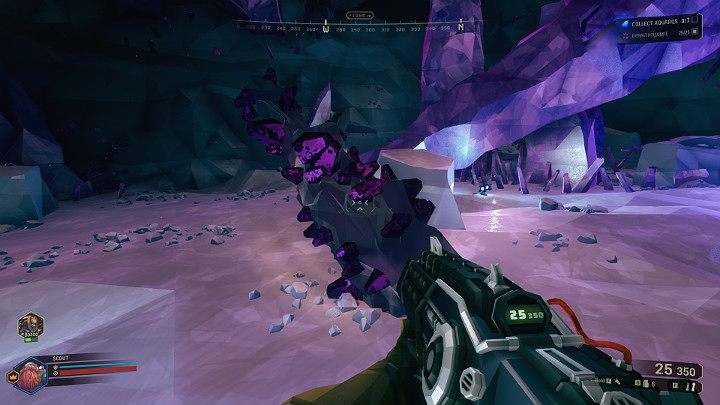 Na powyższym obrazku można zauważyć jeden z dodatkowych surowców, Hollomite, który należy zebrać, aby zaliczyć zadanie poboczne w trakcie wykonywania misji Point Extraction - Deep Rock Galactic: Point Extraction - poboczne cele misji - Deep Rock Galactic - poradnik do gry