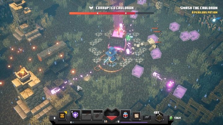 Wokół Corrupted Cauldron pojawia się wielu różnych przeciwników, ale sam boss wyrzuca z siebie małe, fioletowe slime - Minecraft Dungeons: Corrupted Cauldron, boss - jak pokonać? Opis walki - Minecraft Dungeons - poradnik do gry