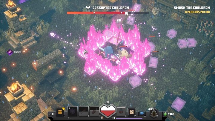 Co jakiś czas Corrupted Cauldron podpala teren wokół siebie - Minecraft Dungeons: Corrupted Cauldron, boss - jak pokonać? Opis walki - Minecraft Dungeons - poradnik do gry
