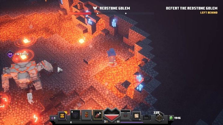 Możesz poruszać się po całej arenie, jednak w dużej mierze podłoga pokryta jest lawą - Minecraft Dungeons: Redstone Golem, boss - jak pokonać? Opis walki - Minecraft Dungeons - poradnik do gry