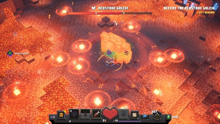 Wokół przeciwnika pojawiają się ogniste okręgi, które mogą zadać Ci spore obrażenia - Minecraft Dungeons: Redstone Golem, boss - jak pokonać? Opis walki - Minecraft Dungeons - poradnik do gry