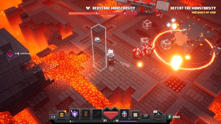 Przeciwnik przywołuje wybuchających towarzyszy, którzy w sporej grupie podbiegają do Ciebie, blokują Ci drogę i wybuchając zabierają Ci sporą pulę życia - Minecraft Dungeons: Redstone Monstrosity, boss - jak pokonać? Opis walki - Minecraft Dungeons - poradnik do gry