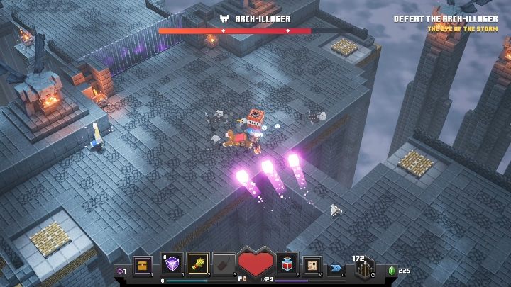 Kolejnym atakiem przeciwnika jest wysyłanie potrójnych, różowych strzałów - Minecraft Dungeons: Arch-Illager, boss - jak pokonać? Opis walki - Minecraft Dungeons - poradnik do gry