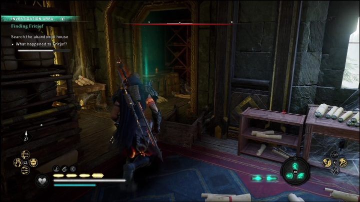 Na piętrze jeden z elementów znajduje się we wnęce przystawionej rzeczami - AC Valhalla Świt Ragnaroku: W poszukiwaniu Fritjofa (Finding Fritjof) - solucja, opis przejścia - Assassins Creed Valhalla - poradnik do gry