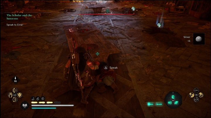 Po wyeliminowaniu wszystkich przeciwników musicie porozmawiać z mężczyzną chowającym się za stołem - AC Valhalla Świt Ragnaroku: Uczony i kamień słoneczny (The Scholar and the Sunstone) - solucja, opis przejścia - Assassins Creed Valhalla - poradnik do gry