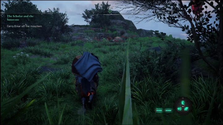 Einara należy położyć w odpowiednim miejscu -jest ono zaznaczone na mapie - AC Valhalla Świt Ragnaroku: Uczony i kamień słoneczny (The Scholar and the Sunstone) - solucja, opis przejścia - Assassins Creed Valhalla - poradnik do gry