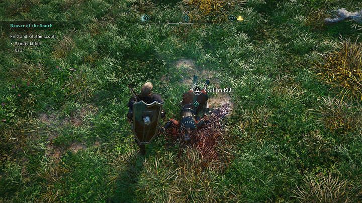 Pierwszego szpiega, a raczej to co z niego zostało, znajdziesz nieopodal osady Coindene, na wzgórzu - Assassins Creed Valhalla: Pogromca Południa/Reaver of the South - solucja - Assassins Creed Valhalla - poradnik do gry