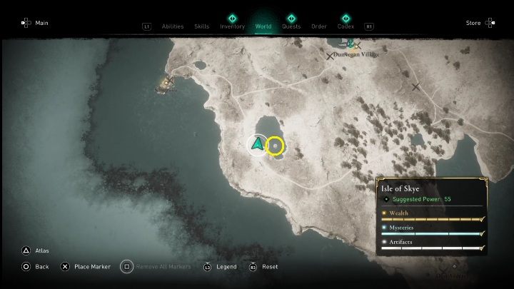 Skarb leży na niewielkiej wysepce położonej pośrodku jeziora - AC Valhalla Crossover Stories: Mapa ukrycia skarbu - Isle of Skye, lokacja - Assassins Creed Valhalla - poradnik do gry