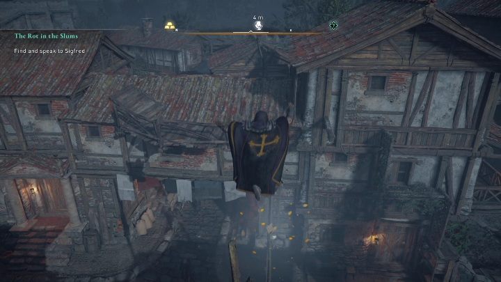 Początek: Kartka znajduje się na sznurze powieszonym pomiędzy budynkami - AC Valhalla Oblężenie Paryża: Karta niesiona wiatrem, Amienois - sekrety - Assassins Creed Valhalla - poradnik do gry