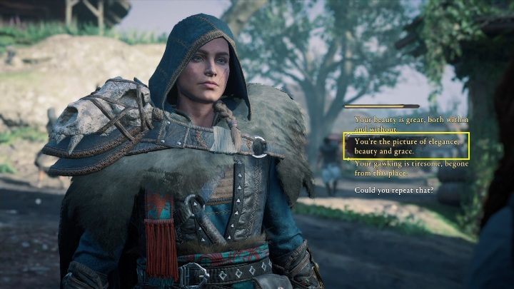 Pierwszy dialog musisz zakończyć 2 odpowiedzią - powiedz jej, że jest obrazem elegancji, piękna i wdzięku - Assassins Creed Valhalla: Pyskówka - Lunden, sekrety, lokacje - Assassins Creed Valhalla - poradnik do gry