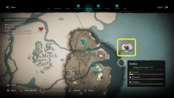 Surowce znajdziecie w pobliskim opactwie Lambay (Lambay Abbey) - AC Valhalla Gniew Druidów: Wsparcie dla Rathdown/Rathdown Build Up - solucja - Assassins Creed Valhalla - poradnik do gry