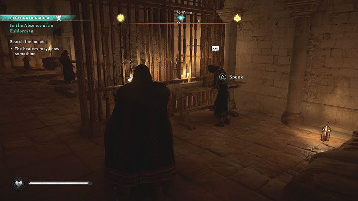 Gdy będziesz już na miejscu możesz porozmawiać ze wszystkimi NPC, którzy mają nad głową ikonę chmurki jednak najważniejszym informatorem będzie przełożona lecznicy - Assassins Creed Valhalla: Pod nieobecność ealdormana - solucja, opis przejścia - Assassins Creed Valhalla - poradnik do gry