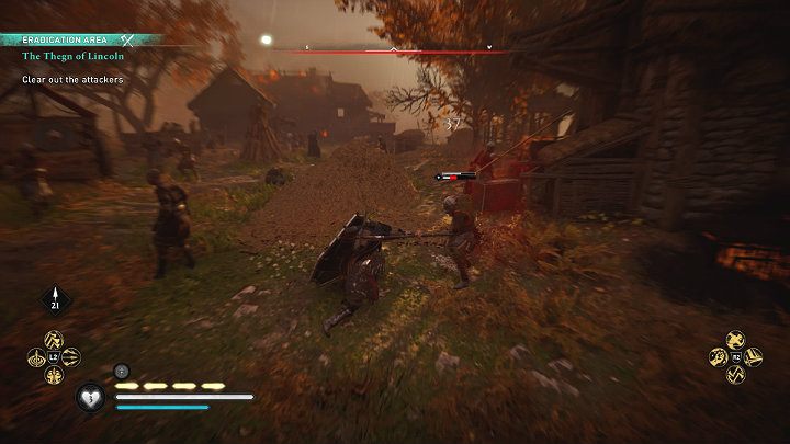 Na miejscu zastaniesz mercjańskich żołnierzy palących i plądrujących osadę Aelfgarstun - Assassins Creed Valhalla: Tan Lincoln/The Thegn of Lincoln - solucja - Assassins Creed Valhalla - poradnik do gry