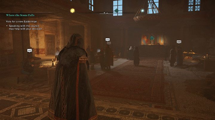 Jeśli chcesz możesz jeszcze porozmawiać z ludźmi przebywającymi w Sali, by zebrać nieco dodatkowych informacji na temat wszystkich kandydatów - Assassins Creed Valhalla: Czas wyborów/Where the Stone Falls - solucja - Assassins Creed Valhalla - poradnik do gry