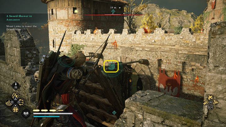 Do ogniw trzymających most trzeba strzelić po skosie - Assassins Creed Valhalla: Deszcz mieczy w Anecastre - solucja, opis przejścia - Assassins Creed Valhalla - poradnik do gry