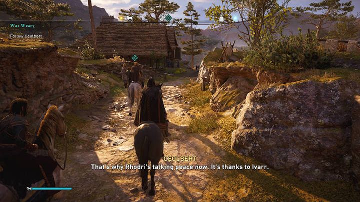 Po rozmowie wyjdź z budynku, wsiądź na konia i udaj się z Ceolbertem na spotkanie z królem Rhodrim i biskupem Deorlafem - Assassins Creed Valhalla: Trudy wojny/War Weary - solucja, opis przejścia - Assassins Creed Valhalla - poradnik do gry
