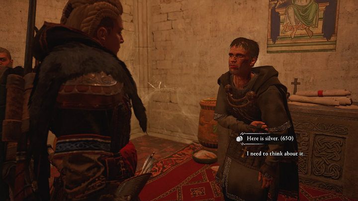 Po chwili biskup poprosi Eivora na prywatną rozmowę i powie, że jest w posiadaniu dużej kwoty w srebrze (650 monet) - Assassins Creed Valhalla: Trudy wojny/War Weary - solucja, opis przejścia - Assassins Creed Valhalla - poradnik do gry