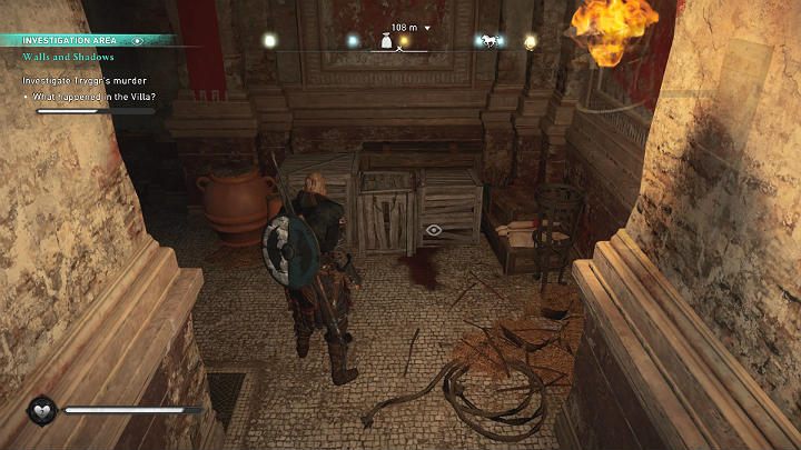 Trzecią wskazówkę, narzędzia cyrulika, znajdziesz po rozbiciu drewnianych skrzyń w rogu pomieszczenia - Assassins Creed Valhalla: Mury i cienie/Walls and Shadows - solucja - Assassins Creed Valhalla - poradnik do gry