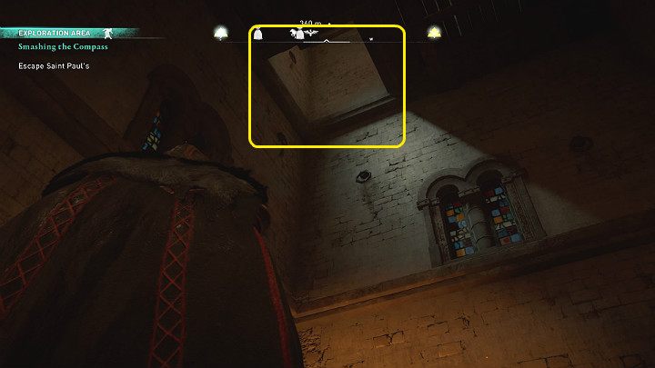 Wespnij się na samą górę wieży, a następnie rozbij deski blokujące wyjście na zewnątrz i wydostań się z płonącego budynku - Assassins Creed Valhalla: Rozprawa ze Sternikiem - solucja, opis przejścia - Assassins Creed Valhalla - poradnik do gry