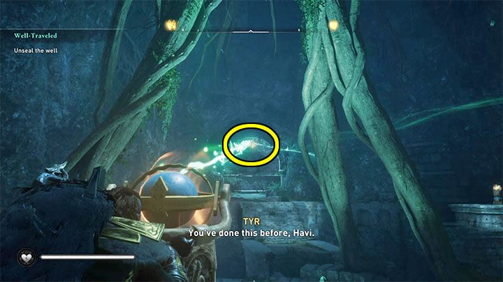 Nakieruj promień na zaznaczony na obrazku obiekt przy suficie - Assassins Creed Valhalla: Jak otworzyć Studnię Urdr w Asgardzie? - Assassins Creed Valhalla - poradnik do gry