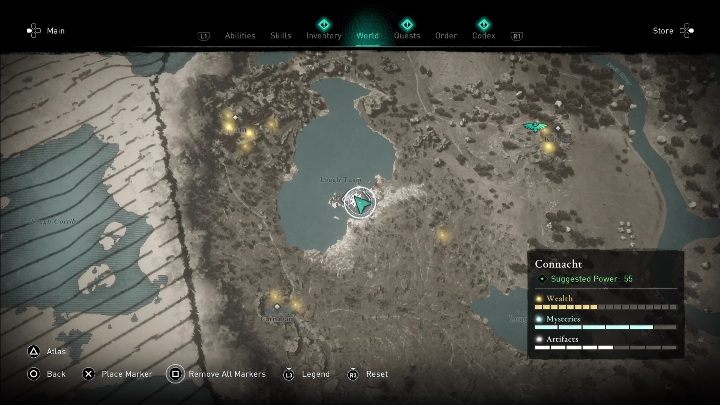Lokacja przeklętego miejsca: Na środku jeziora Tuam - AC Valhalla Gniew Druidów: Przeklęty symbol - Connacht, sekrety, lokacje - Assassins Creed Valhalla - poradnik do gry