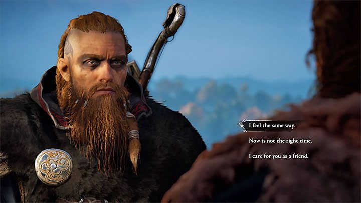 Możesz wybrać opcję dialogową oznaczoną serduszkiem, dzięki czemu Eivor potwierdzi, że odwzajemnia uczucie - Assassins Creed Valhalla: Randvi - romans - Assassins Creed Valhalla - poradnik do gry