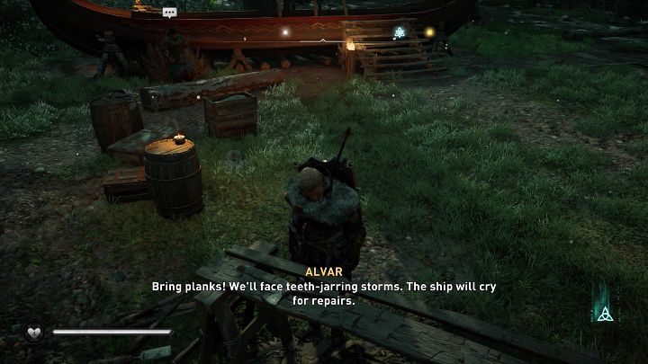 Wrzuć nieco rudy do beczki, przygotuj deski na stole warsztatowym, opraw ryby, a na końcu zadmij w róg (wybierz go z menu czynności) - Assassins Creed Valhalla: Ostatni najazd/The Last Raid - solucja, opis przejścia - Assassins Creed Valhalla - poradnik do gry