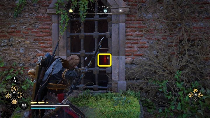 Obejdź budynek, stań w miejscu widocznym na powyższym obrazku i odstrzel blokadę drzwi, a następnie zejdź do podziemi - Assassins Creed Valhalla: Anachoretka/The Anchoress - solucja, opis przejścia - Assassins Creed Valhalla - poradnik do gry