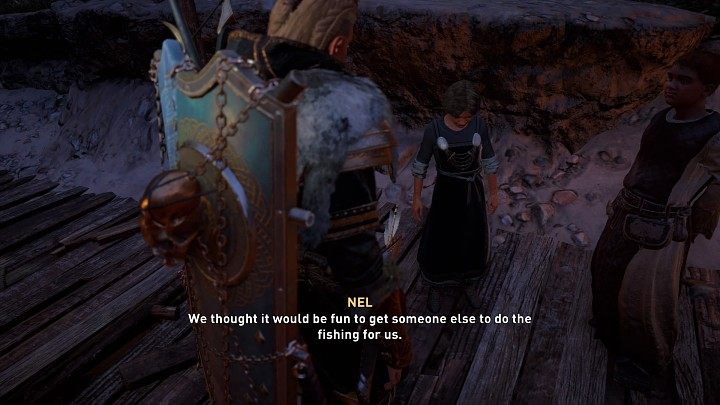 Gdy tylko wyciągniesz trzecią rybę z wody, brat dziewczynki wyjdzie z ukrycia twierdząc, że mają już wystarczająco dużo ryb i mogą wracać - Assassins Creed Valhalla: Lekcje wędkarstwa/Fishing Lesson - solucja - Assassins Creed Valhalla - poradnik do gry