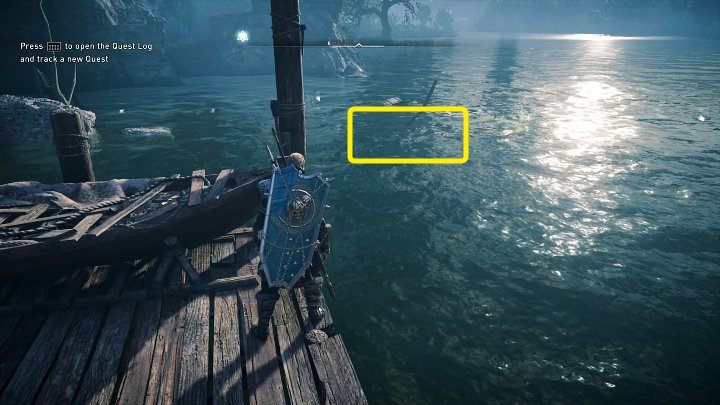 Wskocz do wody i popłyń do miejsca oznaczonego na powyższym obrazku - Assassins Creed Valhalla: Ostatni lot wróbla Gyldana - solucja, opis przejścia - Assassins Creed Valhalla - poradnik do gry