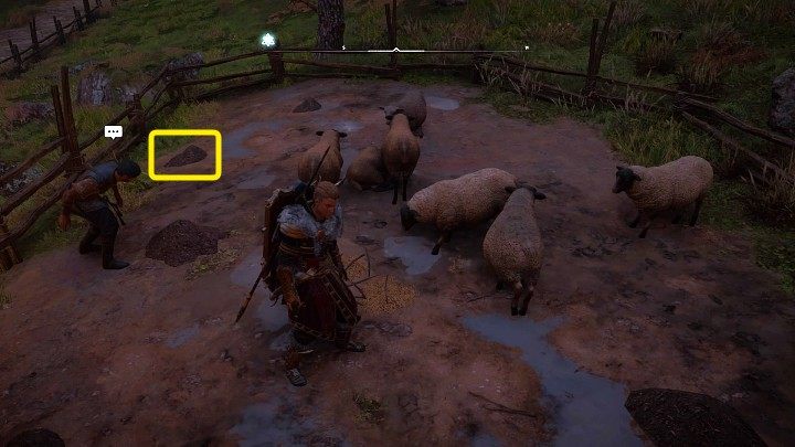 Teraz musisz wydobyć broszkę z odchodów - znajdziesz ją w miejscu zaznaczonym na powyższym obrazku - Assassins Creed Valhalla: Żarłoczna owca/Lamb Chops - solucja, opis przejścia - Assassins Creed Valhalla - poradnik do gry